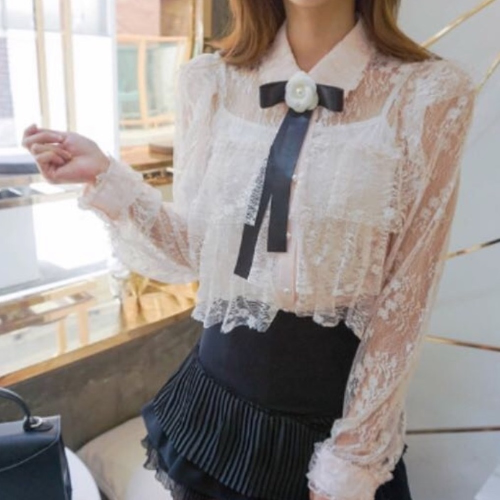 Korean White Lace Ruffle Tiered Layered Coco Flower Pin Blouse Shirt Top